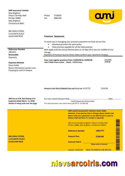 New Zealand Ami Insurance Limited bank statement in Word and PDF format